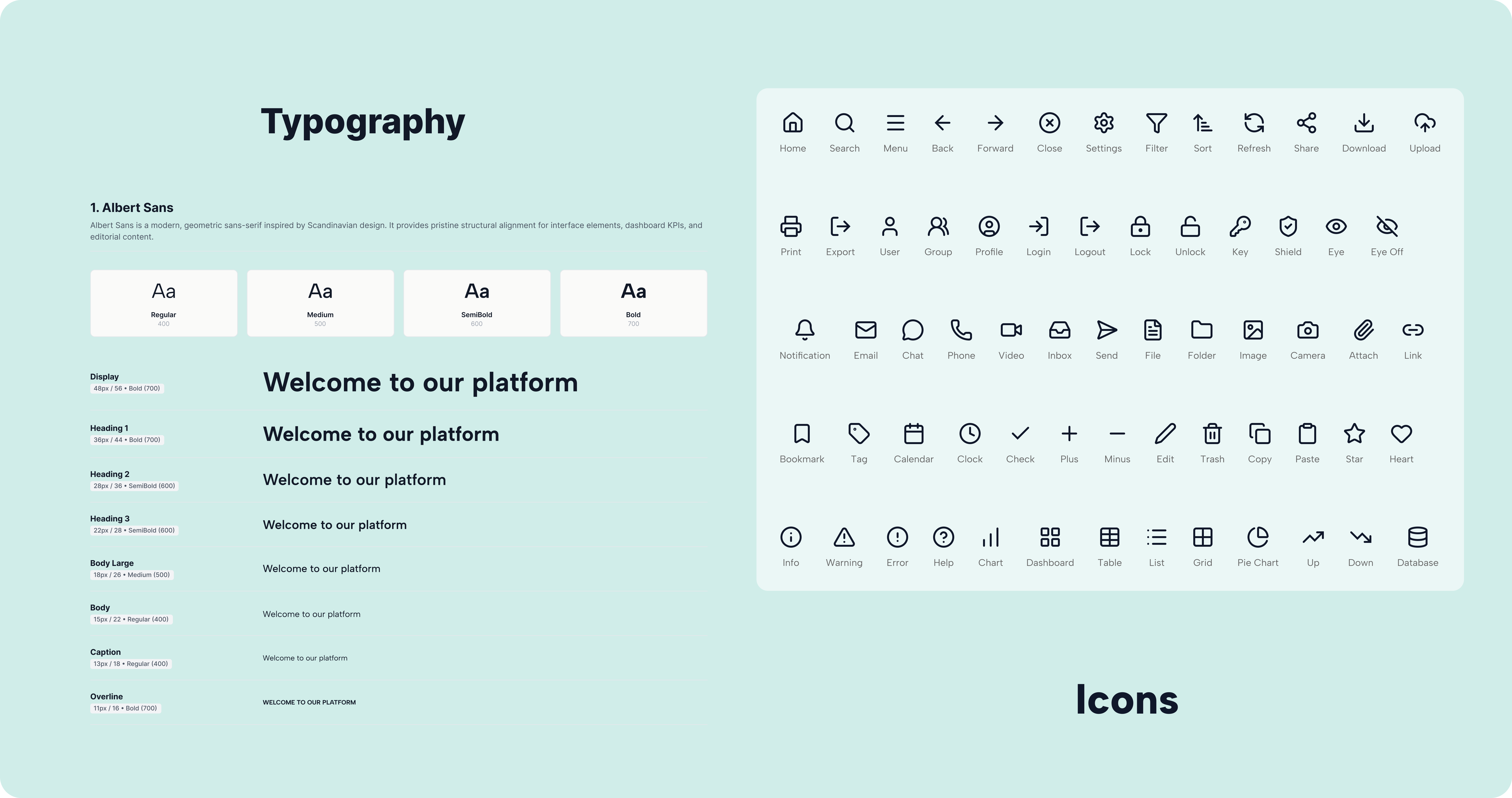 Draia typography scale and icon set