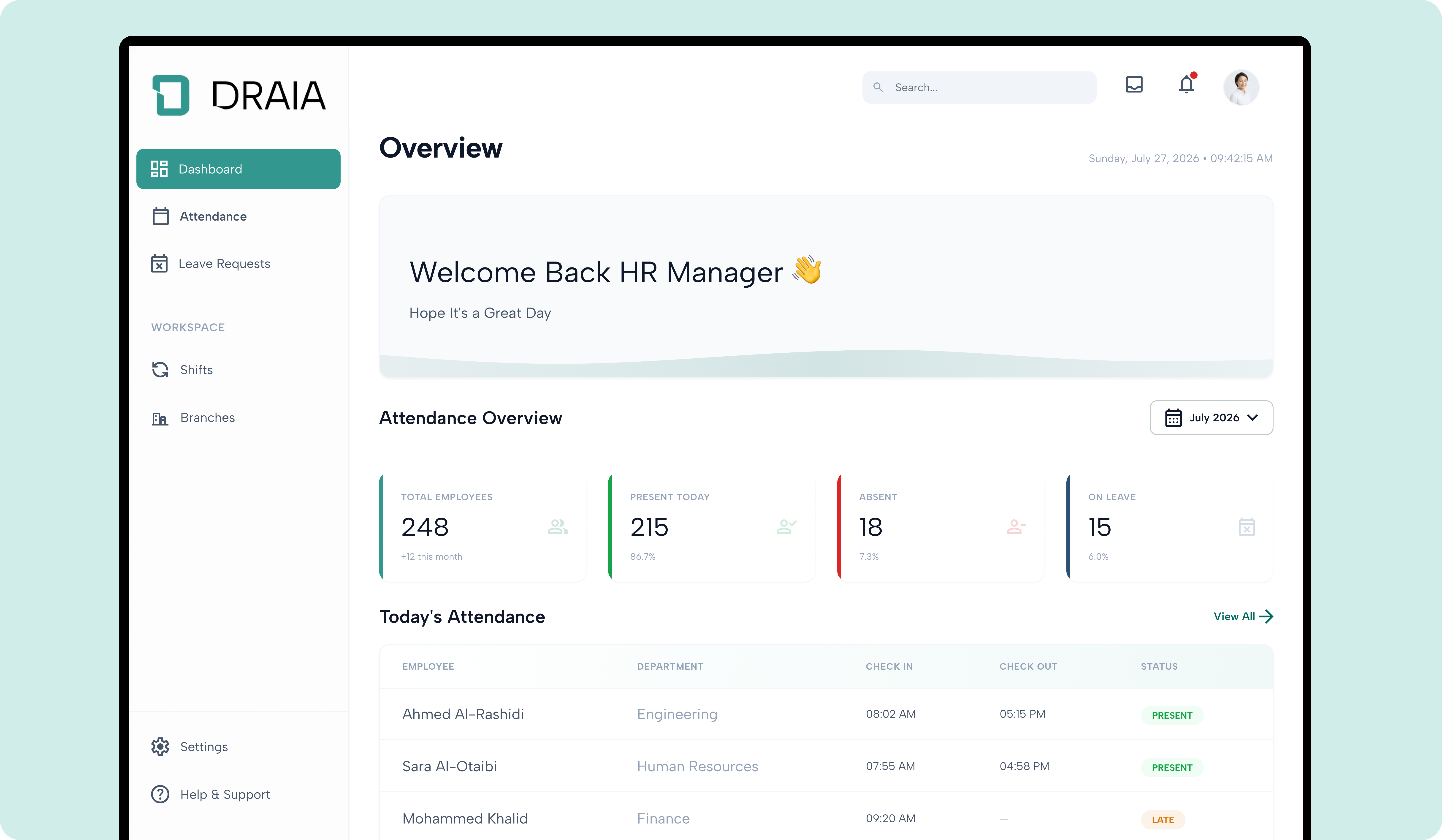 Draia — HR master dashboard